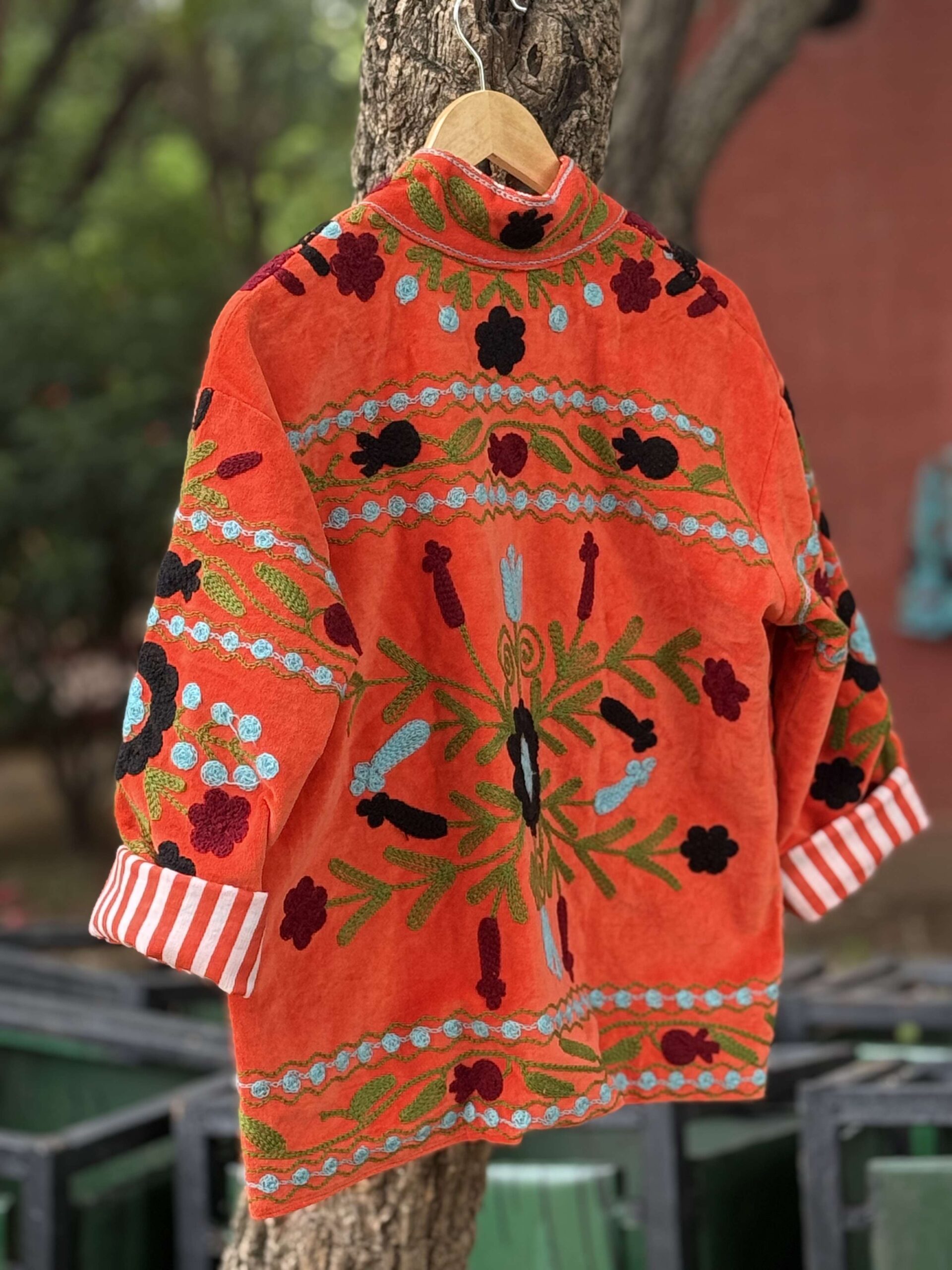 Womens Orange Velvet Embroidered Jacket with Floral Design - Image 2