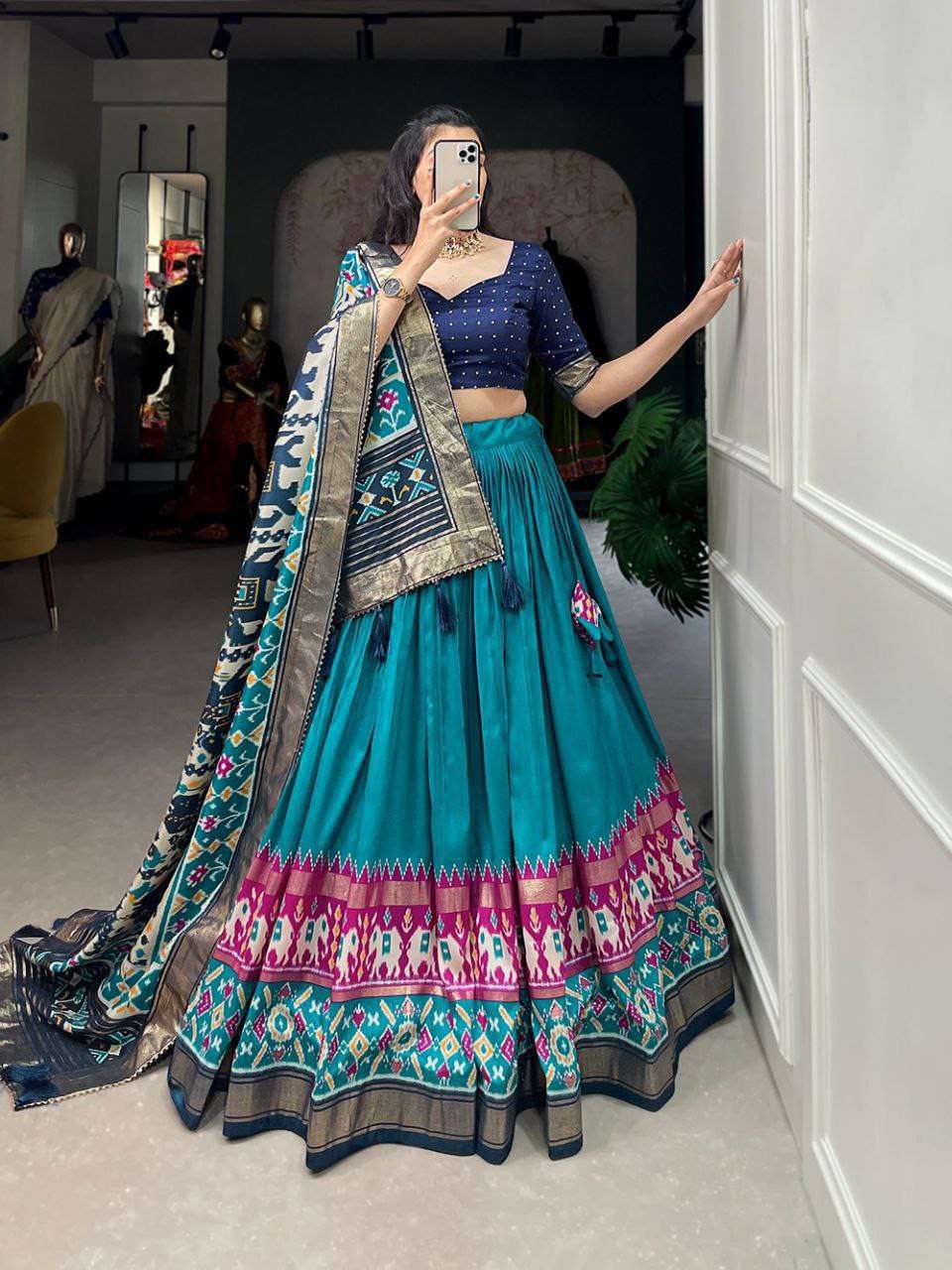 Women's Tussar Silk Patola Print Lehenga Choli Dupatta Set - Image 4